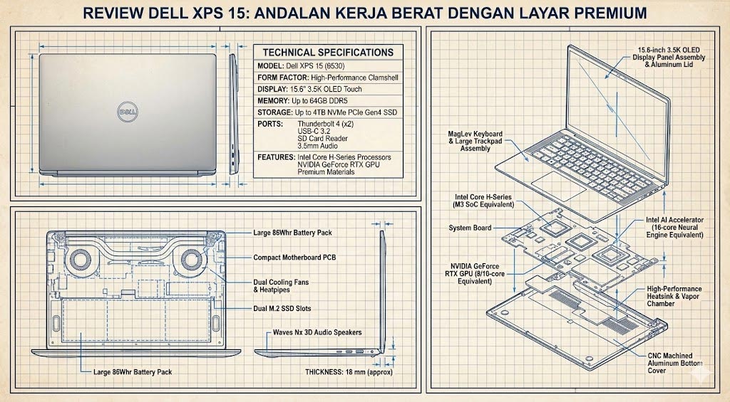 Dell XPS 15 review dengan layar OLED 3.5K, performa tinggi untuk kerja berat dan multitasking optimal.