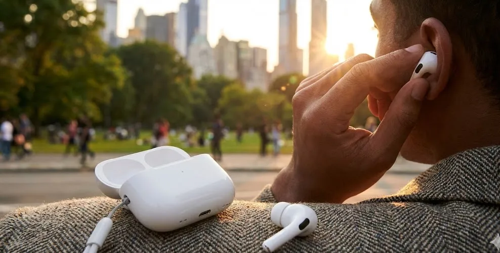 Foto close-up pengguna mengenakan Apple AirPods Pro (2nd Gen) di telinga dengan latar belakang taman kota saat golden hour, menampilkan desain ergonomis untuk gaya hidup aktif.