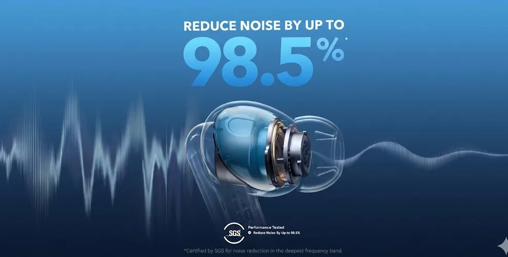 Tampilan internal transparan earbud biru berlatar gelombang suara, menonjolkan teknologi peredam bising dengan klaim reduksi hingga 98,5%