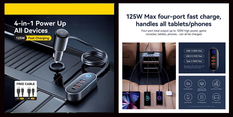 Pengisi daya cepat 125W serbaguna untuk semua perangkat, mobil, dan tablet.