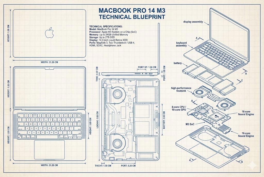 Ilustrasi blueprint teknis MacBook Pro 14 M3 yang menampilkan desain internal, chip M3, dan sistem pendinginan.