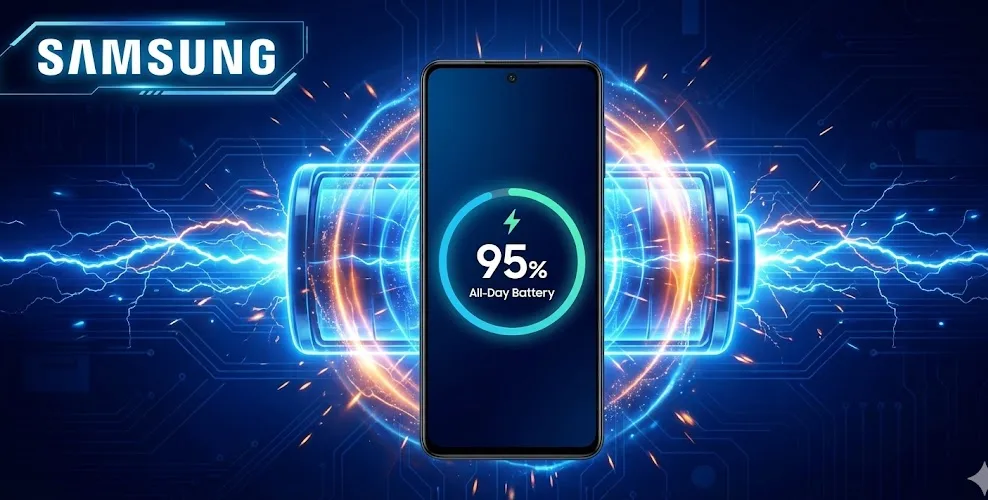 Samsung Galaxy M54 dengan ikon baterai bercahaya dan gelombang energi listrik biru, melambangkan daya tahan baterai yang luar biasa