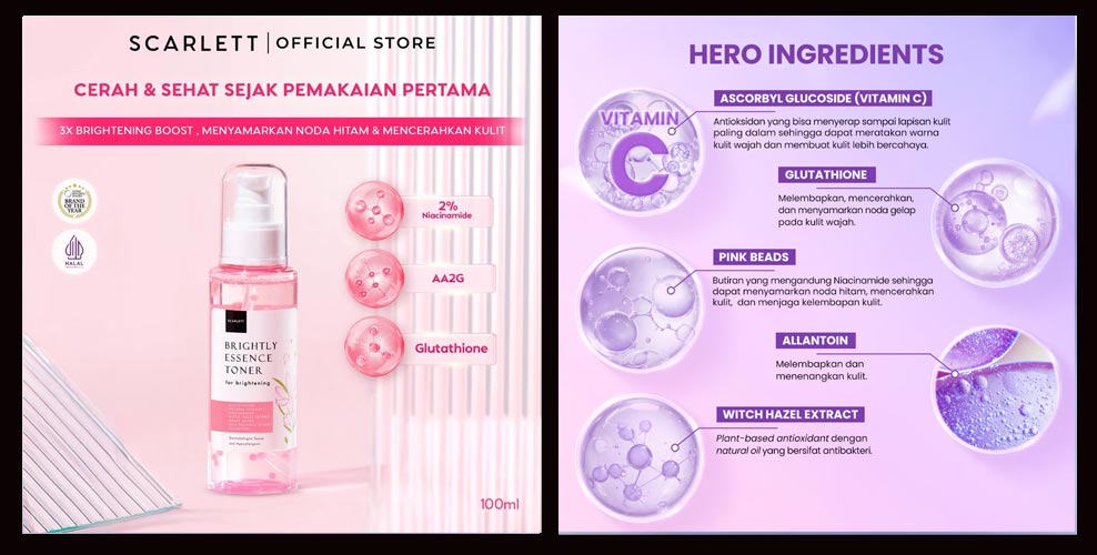 Visual produk Scarlett Whitening Brightly Essence Toner beserta ilustrasi hero ingredients seperti vitamin C, glutathione, niacinamide, dan allantoin untuk perawatan kulit wajah.