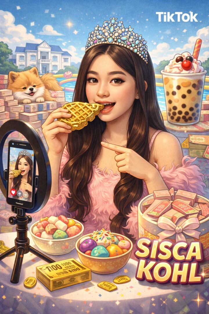 Ilustrasi Sisca Kohl dengan persona unik dan konten lifestyle absurd, menampilkan diferensiasi kuat sebagai kreator TikTok Indonesia 2025