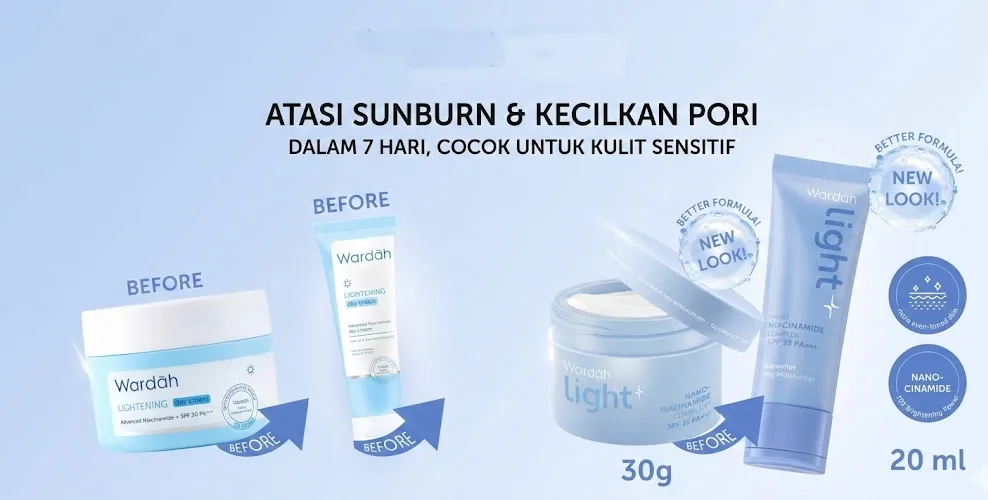 Perbandingan kemasan lama dan tampilan baru Wardah Lightening Day Moisturizer bentuk pot 30g serta tube 20ml berlatar biru